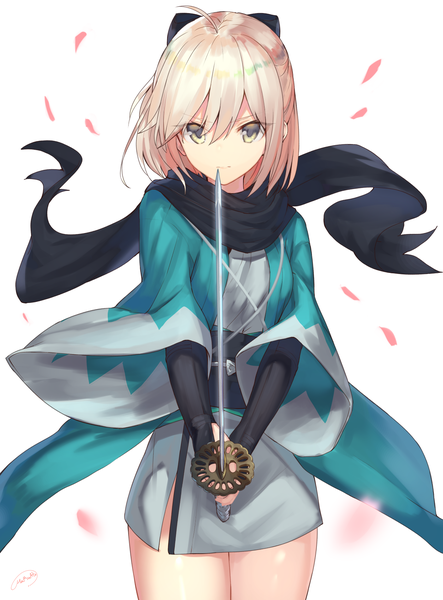 Anime picture 1254x1695 with fate (series) koha-ace okita souji (fate) (all) okita souji (koha-ace) ato (haru ato) single tall image short hair simple background blonde hair standing white background holding ahoge wide sleeves half updo fighting stance serious girl weapon