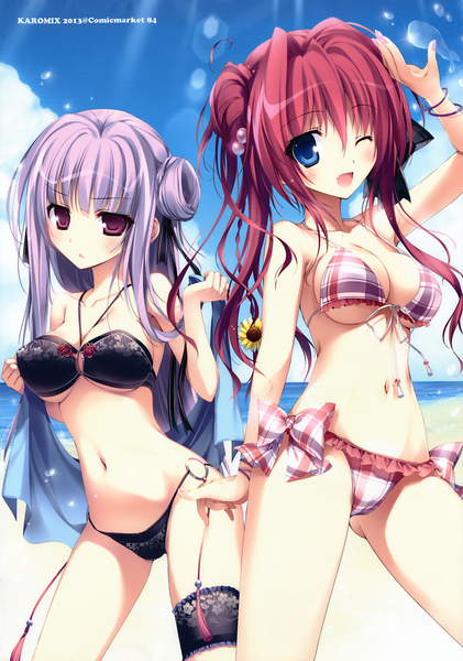 Anime picture 3009x4283 with yume to iro de dekiteiru kurobane kamome asukai hiiro karory long hair tall image looking at viewer blush highres breasts blue eyes light erotic purple eyes twintails absurdres purple hair red hair sunlight scan bare belly