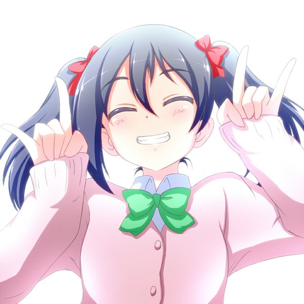 Anime picture 1000x1000 with love live! school idol project sunrise (studio) love live! yazawa nico single long hair blush simple background smile white background twintails blue hair eyes closed mmm girl bow hair bow bowtie