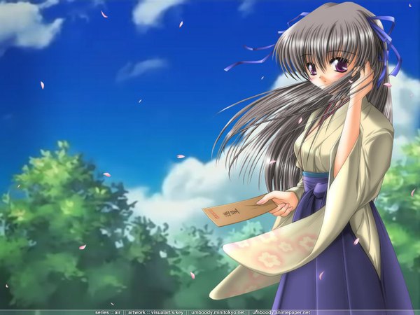 Anime picture 1600x1200 with air key (studio) tohno minagi umboody (el zilcho) single long hair looking at viewer blush fringe hair between eyes standing purple eyes signed sky cloud (clouds) outdoors traditional clothes japanese clothes wind grey hair