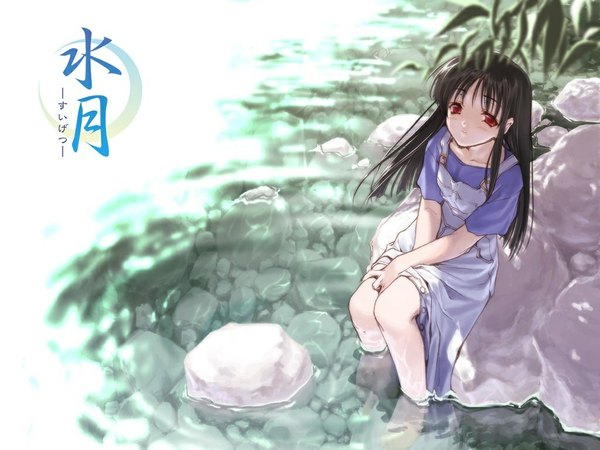 Anime picture 1024x768 with suigetsu makino nanami single long hair blush black hair red eyes girl dress water leaf (leaves) branch stone (stones)