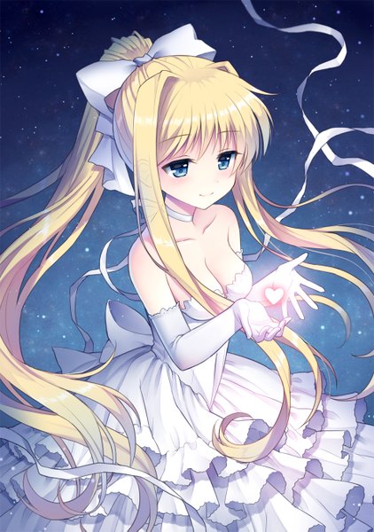Anime picture 950x1349 with air key (studio) kamio misuzu mauve single tall image blush fringe breasts blue eyes blonde hair bare shoulders cleavage ponytail very long hair light smile night night sky looking down girl