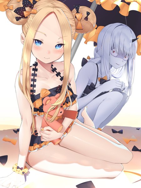 Anime picture 3000x4000 with fate (series) fate/grand order abigail williams (fate) lavinia whateley (fate/grand order) shiro ami long hair tall image looking at viewer blush fringe highres blue eyes light erotic simple background blonde hair smile red eyes white background sitting multiple girls
