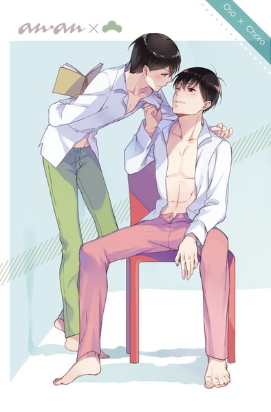 Anime picture 1137x1732 with osomatsu-san matsuno osomatsu matsuno choromatsu ekita xuan tall image blush short hair light erotic black hair red eyes sitting profile one eye closed barefoot multiple boys shadow open shirt alternate costume character names siblings