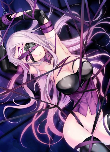 Anime-Bild 900x1237 mit fate (series) fate/stay night type-moon rider zeco single tall image looking at viewer breasts light erotic large breasts purple eyes bare shoulders purple hair very long hair armpit (armpits) bondage bottomless girl navel