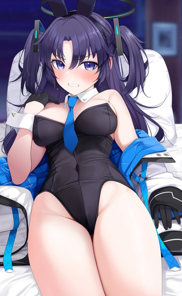 Anime picture 766x1246 with blue archive yuuka (blue archive) giba (out-low) single long hair tall image looking at viewer blush fringe breasts blue eyes light erotic hair between eyes large breasts animal ears blue hair long sleeves off shoulder two side up bunny ears