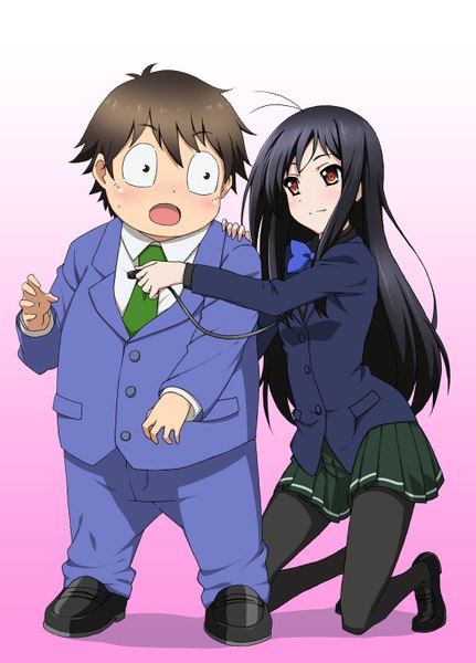 Anime picture 1079x1500 with accel world sunrise (studio) kuroyukihime arita haruyuki iyakun (artist) long hair tall image blush short hair open mouth black hair red eyes girl boy skirt uniform school uniform miniskirt suit