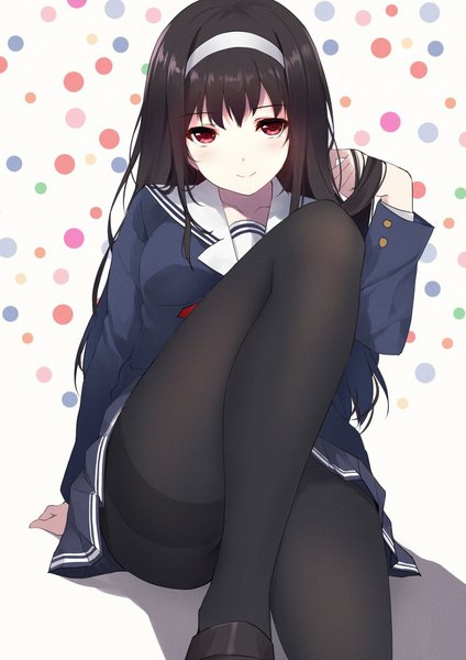 Anime picture 800x1131 with saenai heroine no sodatekata a-1 pictures kasumigaoka utaha caidychen single long hair tall image looking at viewer blush light erotic black hair simple background smile red eyes white background pleated skirt arm support shadow adjusting hair leg lift (legs lift)
