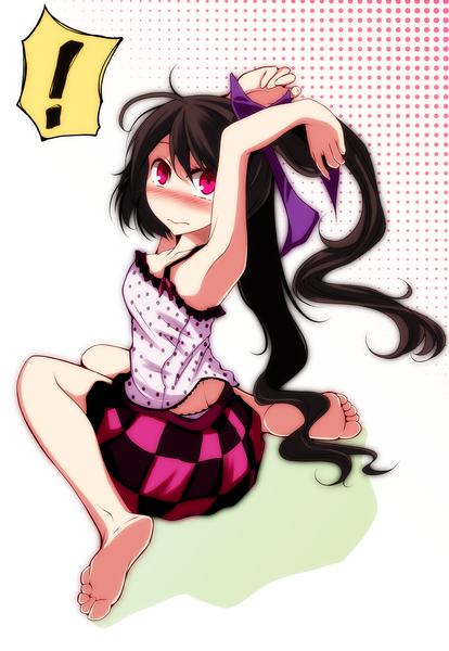 Anime picture 1451x2100 with touhou himekaidou hatate s-syogo single long hair tall image looking at viewer blush black hair purple eyes barefoot bare legs checkered skirt girl skirt bow hair bow