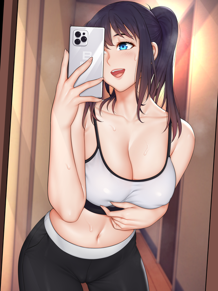 Anime picture 1920x2560 with original rannero single long hair tall image fringe highres breasts open mouth blue eyes light erotic black hair smile large breasts standing twintails holding payot looking away :d