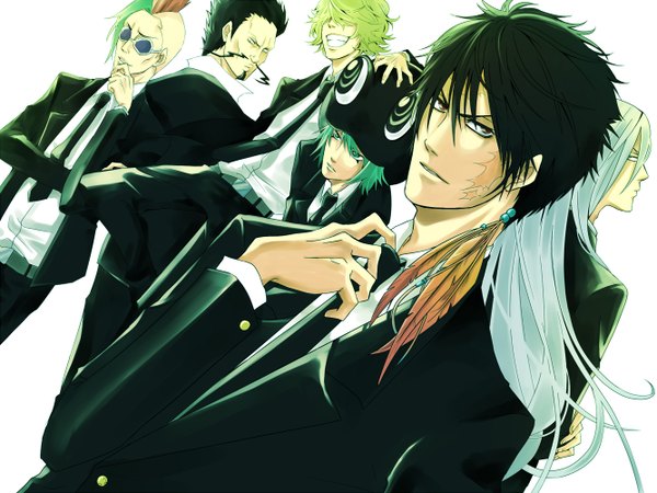 Anime picture 1333x1000 with katekyou hitman reborn superbi squalo xanxus belphegor (khr) fran (khr) lussuria leviathan (khr) pin k long hair short hair black hair blonde hair white background white hair looking back multicolored hair green hair grin scar group