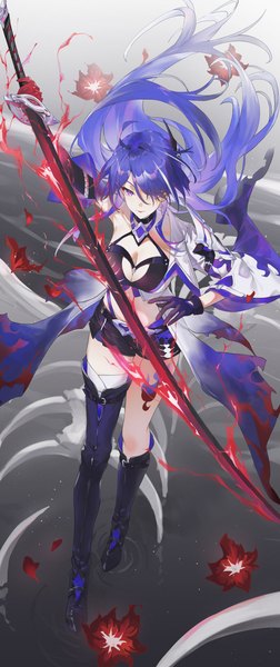 Anime picture 2864x6832 with honkai: star rail honkai (series) acheron (honkai: star rail) swkl:d single long hair tall image fringe highres breasts standing purple eyes holding looking away purple hair full body ahoge arm up from above hair over one eye