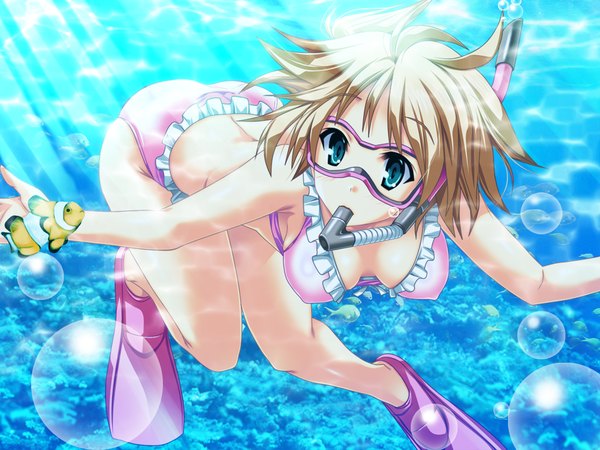 Anime picture 1024x768 with henshin!!! ~pantsu ni natte kunkun peropero~ may-be soft tagme (character) akaza looking at viewer short hair breasts blue eyes light erotic blonde hair large breasts game cg cleavage sunlight erect nipples legs covered nipples underwater girl swimsuit