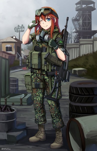 Anime picture 1650x2550 with stalker (game) ndtwofives single long hair tall image looking at viewer fringe blue eyes hair between eyes standing signed full body outdoors one eye closed light smile orange hair twitter username adjusting hair twisty sleeves goggles on head