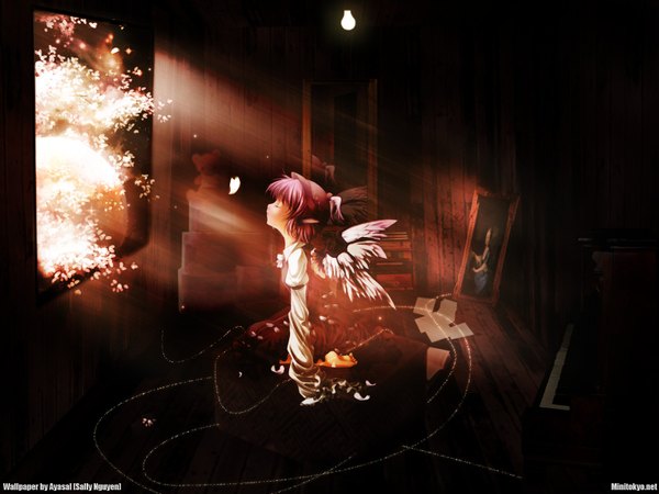Anime picture 1600x1200 with touhou mystia lorelei ayase hazuki ayasal single short hair signed pink hair indoors barefoot third-party edit girl dress petals wings window book (books) toy stuffed animal stuffed toy