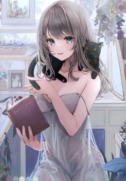 Anime picture 2096x2998 with original puracotte single long hair tall image looking at viewer fringe highres breasts open mouth blue eyes light erotic smile sitting indoors blunt bangs arm up grey hair strap slip animal on shoulder