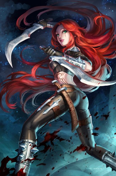 Anime-Bild 1024x1558 mit league of legends katarina (league of legends) kyurin (sunnydelight) single tall image looking at viewer holding green eyes sky red hair very long hair tattoo scar dual wielding girl gloves weapon sword blood sheath