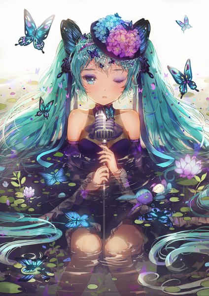 Anime picture 1200x1697 with vocaloid hatsune miku dangmill single long hair tall image looking at viewer sitting bare shoulders holding payot bent knee (knees) nail polish parted lips one eye closed aqua eyes fingernails aqua hair wide sleeves :o