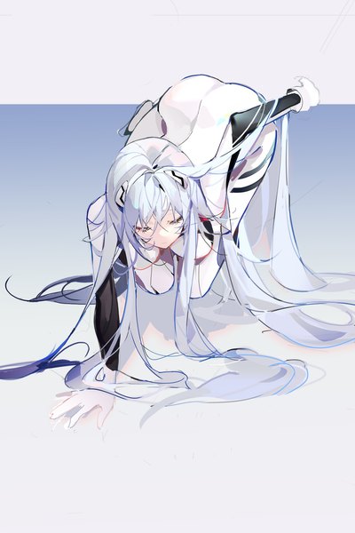 Anime picture 1852x2779 with neon genesis evangelion rebuild of evangelion evangelion: 3.0+1.0 thrice upon a time gainax ayanami rei taiz22 single tall image fringe highres hair between eyes blue hair eyes closed very long hair arm support girl bodysuit pilot suit