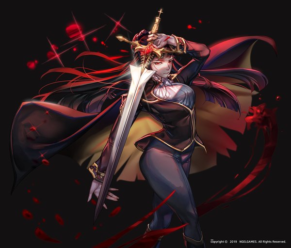 Anime picture 1500x1281 with noblesse hero cantare erga kenesis di raskreia yagaaaa single long hair looking at viewer fringe black hair simple background red eyes standing holding long sleeves arm up official art sparkle shadow hair bun (hair buns) black background