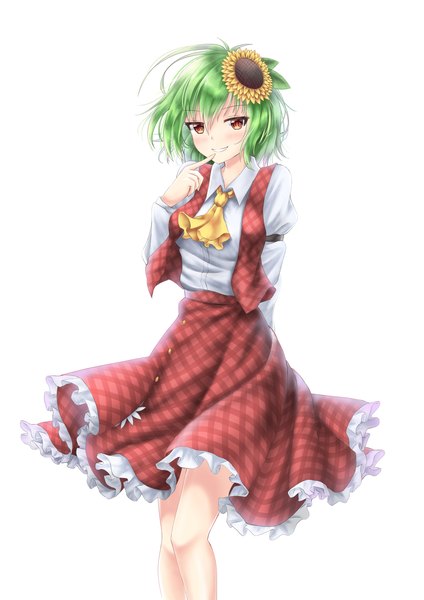 Anime picture 2480x3508 with touhou kazami yuuka akiteru98 single tall image looking at viewer highres short hair simple background smile red eyes white background long sleeves hair flower green hair grin finger to mouth plaid skirt arm behind back frilly skirt