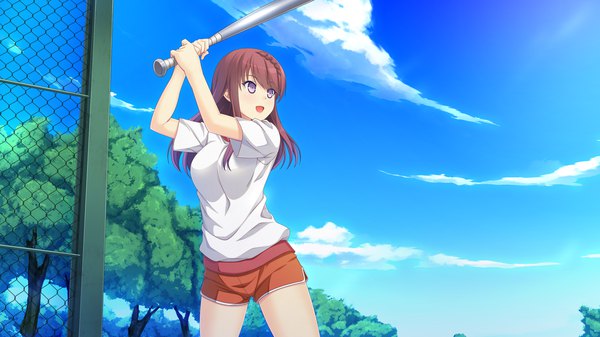 Anime picture 2560x1440 with kanojo step kano shiina single long hair blush highres open mouth brown hair wide image purple eyes game cg sky cloud (clouds) girl uniform plant (plants) tree (trees) shorts short shorts gym uniform
