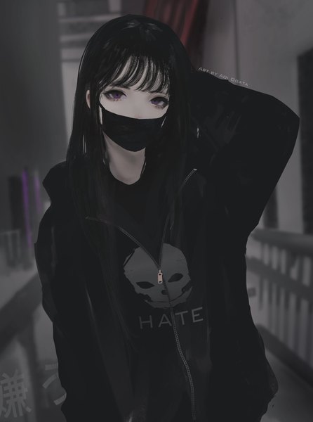 Anime picture 1190x1600 with original hate-chan (aoi ogata) aoi ogata single long hair tall image looking at viewer fringe black hair purple eyes head tilt arm behind head eyeshadow clothes writing girl jacket mask zipper