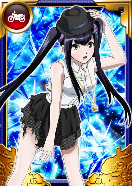 Anime picture 567x800 with ikkitousen saji genpou (true) single long hair tall image looking at viewer open mouth black hair twintails yellow eyes torn clothes card (medium) girl skirt hat pendant