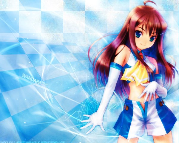 Anime picture 1280x1024 with wandaba style fuyude yuri goto p long hair blue eyes bare shoulders red hair light smile bare belly unzipped girl gloves hair ornament elbow gloves shorts short shorts bobby pin crop top