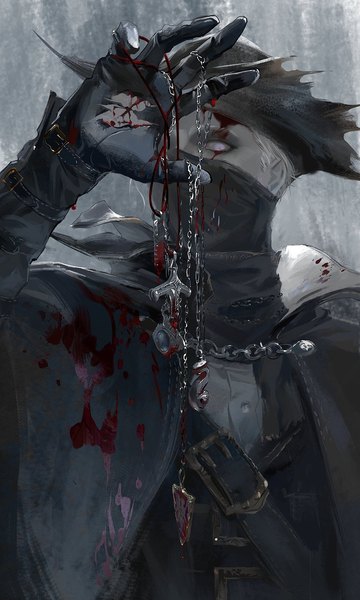 Anime-Bild 900x1500 mit bloodborne from software hunter (bloodborne) bloodytongue666 single tall image looking at viewer short hair upper body white hair pink eyes arm up torn clothes blood on face bloody clothes boy gloves black gloves blood mask