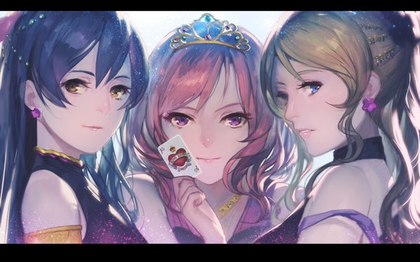Anime picture 1680x1050 with love live! school idol project sunrise (studio) love live! nishikino maki ayase eli sonoda umi ekao long hair looking at viewer short hair blue eyes black hair blonde hair wide image purple eyes multiple girls holding yellow eyes pink hair letterboxed
