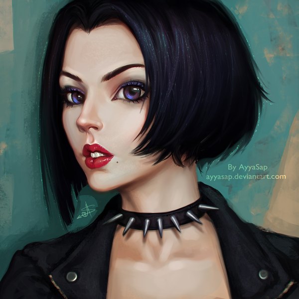 Anime picture 2000x2000 with original ayyasap single looking at viewer highres short hair open mouth black hair purple eyes realistic mole teeth lipstick eyeshadow red lipstick mole under mouth shiny girl choker jacket
