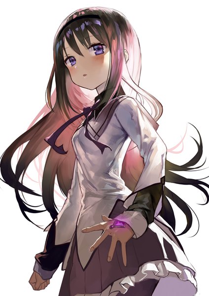 Anime picture 2893x4092 with mahou shoujo madoka magica shaft (studio) akemi homura gaou (umaiyo puyoman) single long hair tall image blush fringe highres black hair simple background white background purple eyes long sleeves parted lips pleated skirt from below gradient hair magical girl