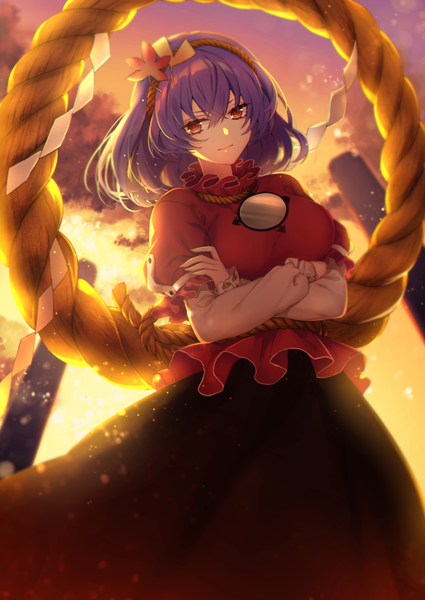 Anime picture 900x1271 with touhou yasaka kanako kyouda suzuka single tall image looking at viewer fringe short hair breasts smile hair between eyes red eyes large breasts standing sky purple hair cloud (clouds) outdoors long sleeves wind