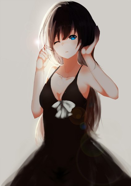 Anime picture 1000x1415 with original dfrist single long hair tall image blush fringe blue eyes black hair simple background hair between eyes standing bare shoulders looking away upper body parted lips one eye closed sunlight grey background tears