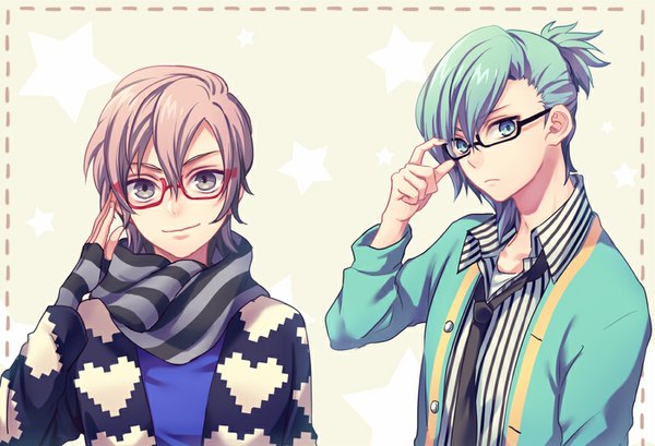 Anime picture 900x614 with uta no prince-sama a-1 pictures mikaze ai mikado nagi chi yu looking at viewer short hair blue eyes simple background pink hair ponytail aqua hair grey background multiple boys grey eyes open collar framed adjusting glasses bespectacled boy
