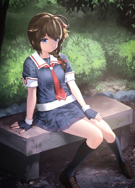 Anime picture 1000x1391 with kantai collection shigure destroyer sdmaiden single long hair tall image fringe blue eyes brown hair sitting looking away ahoge outdoors braid (braids) arm support single braid remodel (kantai collection) girl gloves uniform