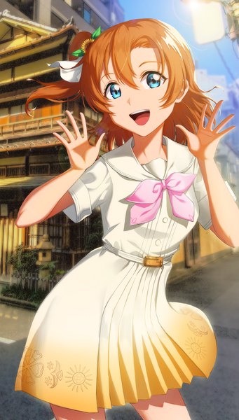 Anime picture 1200x2110 with love live! school idol project sunrise (studio) love live! kousaka honoka corsetman single tall image looking at viewer fringe short hair breasts open mouth blue eyes smile hair between eyes standing payot sky outdoors head tilt