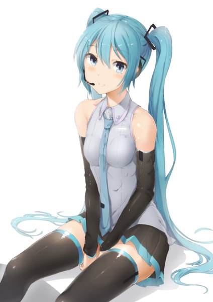 Anime picture 1652x2337 with vocaloid hatsune miku abmayo single long hair tall image looking at viewer blush fringe blue eyes simple background hair between eyes white background sitting twintails bare shoulders light smile aqua hair girl thighhighs