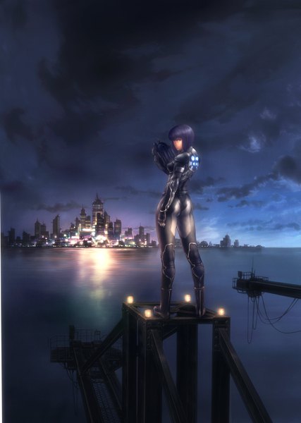 Anime picture 4773x6711 with ghost in the shell ghost in the shell: stand alone complex production i.g kusanagi motoko single tall image looking at viewer highres short hair breasts red eyes standing absurdres sky purple hair cloud (clouds) full body ass looking back scan