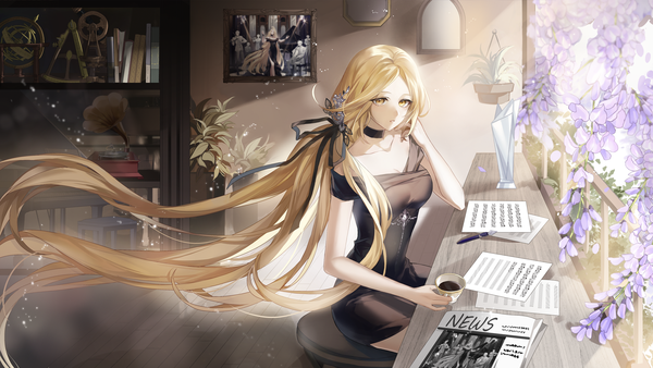 Anime picture 1920x1080 with original zuo600 single looking at viewer fringe highres breasts blonde hair wide image sitting holding yellow eyes cleavage indoors very long hair parted lips arm up wind sunlight off shoulder