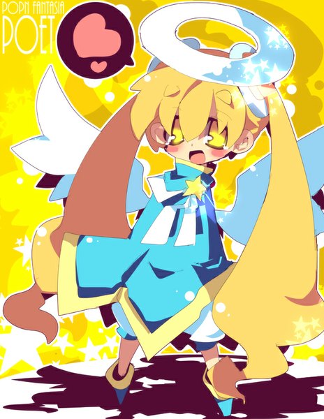 Anime picture 658x850 with pop'n music poet dangomushi single tall image blush fringe open mouth blonde hair twintails yellow eyes very long hair copyright name character names angel wings yellow background angel girl wings heart