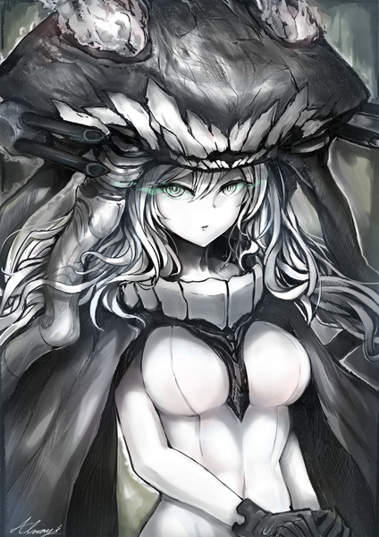 Anime picture 1358x1920 with kantai collection wo-class aircraft carrier xiaodi single long hair tall image looking at viewer fringe breasts signed upper body white hair parted lips inscription grey eyes covered navel glowing portrait glowing eye (eyes) white skin