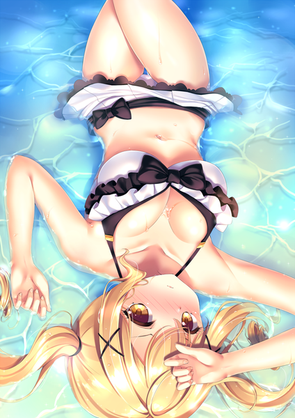 Anime picture 778x1100 with bang dream! ichigaya arisa chiyonekoko single long hair tall image looking at viewer blush fringe breasts light erotic blonde hair hair between eyes large breasts twintails bare shoulders brown eyes payot cleavage lying