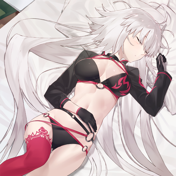 Anime picture 1136x1136 with fate (series) fate/grand order jeanne d'arc (fate) (all) jeanne d'arc alter (fate) jeanne d'arc alter (swimsuit berserker) (fate) hayashi kewi single blush fringe breasts light erotic payot cleavage ahoge white hair lying eyes closed very long hair from above open jacket