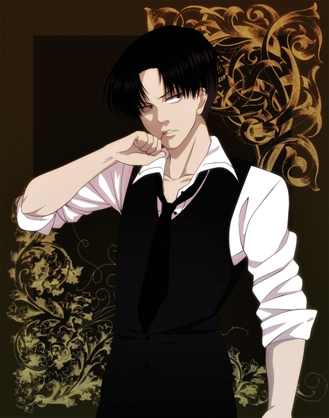 Anime picture 800x1014 with shingeki no kyojin production i.g levi (rivaille) harumishi single tall image short hair black hair looking away upper body arm up black eyes alternate costume hand to mouth blood on face twisty sleeves brown background boy shirt necktie
