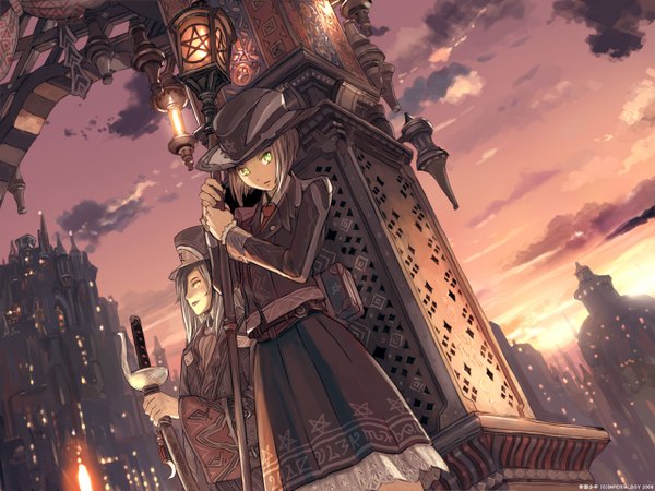 Anime picture 1280x960 with original imperial boy long hair short hair multiple girls green eyes yellow eyes sky cloud (clouds) traditional clothes sunlight dutch angle city evening sunset scenic city lights girl skirt weapon