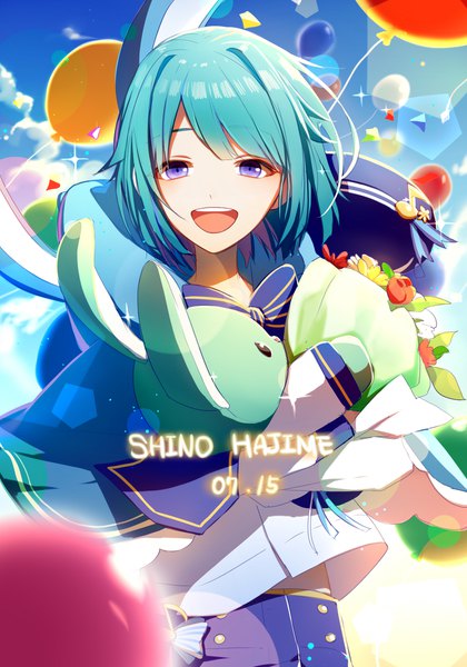 Anime picture 1400x2000 with ensemble stars! shino hajime asd13 single tall image looking at viewer short hair open mouth purple eyes aqua hair sparkle character names otoko no ko hat removed headwear removed androgynous boy flower (flowers) toy stuffed animal