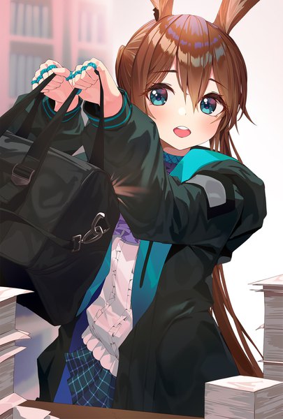 Anime picture 1228x1819 with arknights amiya (arknights) munseonghwa single long hair tall image blush fringe open mouth blue eyes hair between eyes brown hair standing holding animal ears looking away ponytail indoors long sleeves open jacket