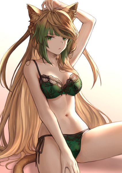 Anime-Bild 1302x1842 mit fate (series) fate/grand order fate/apocrypha atalanta (fate) mashuu (neko no oyashiro) single long hair tall image looking at viewer fringe breasts light erotic simple background blonde hair sitting green eyes animal ears cleavage tail animal tail